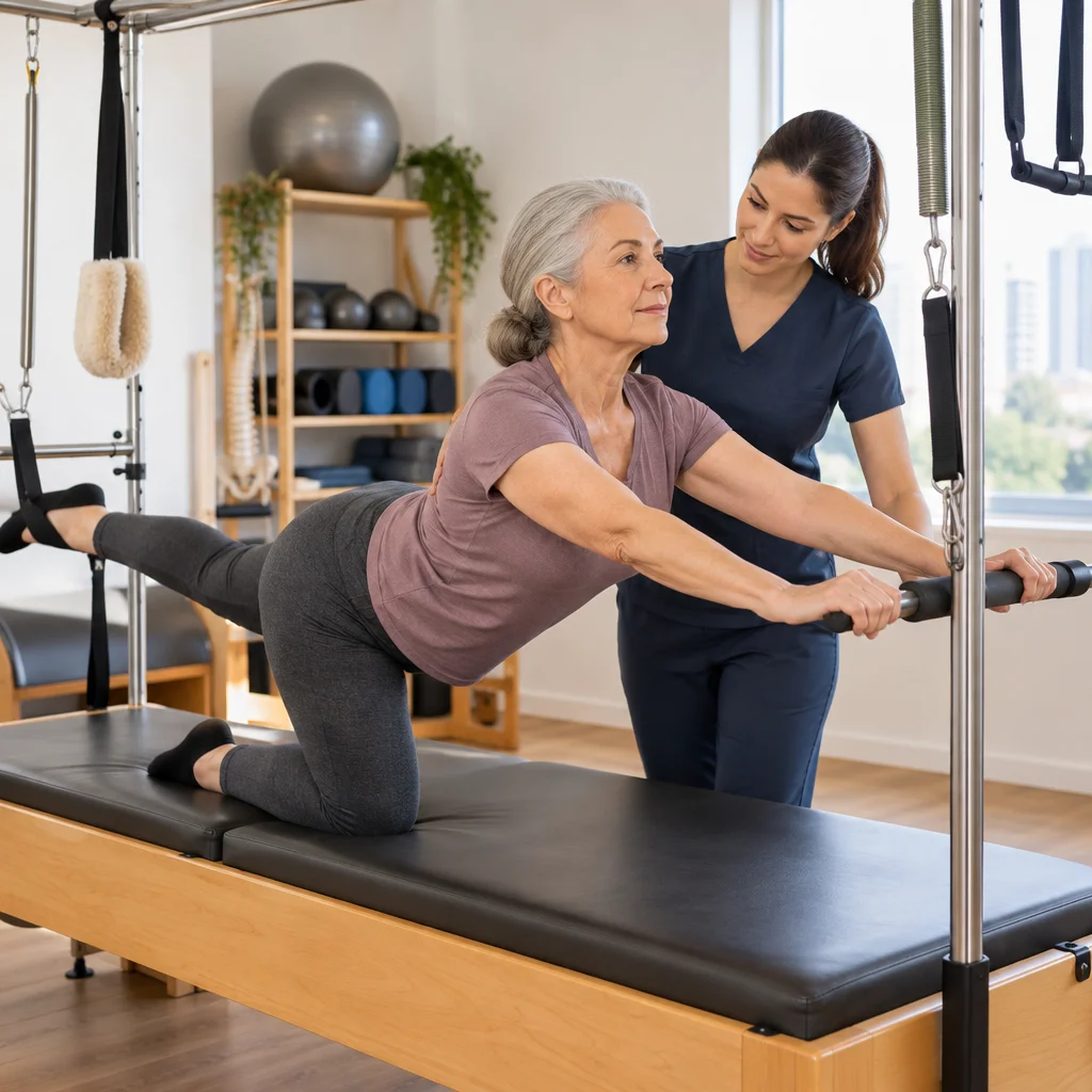 Fisioterapeuta orientando paciente idoso durante movimento no aparelho Cadillac em sala de pilates adaptada