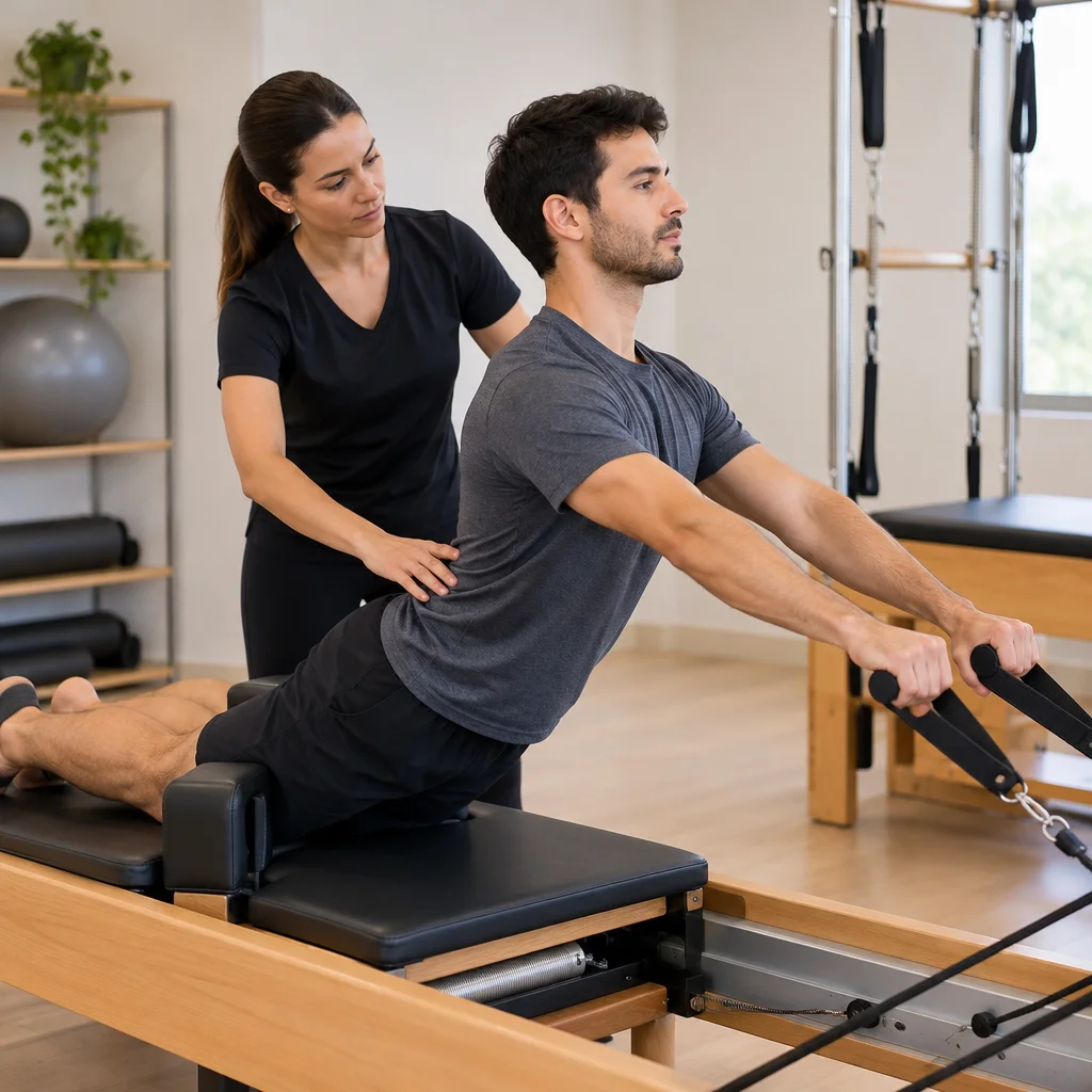 Fisioterapeuta orientando o alinhamento postural de um aluno durante execução de exercício no aparelho Reformer de Pilates