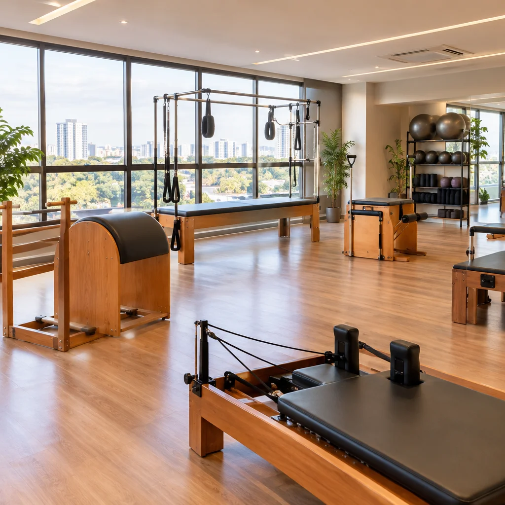 Sala de Pilates ampla com aparelhos organizados, piso plano acessível e vista ampla para ambiente interno tranquilo