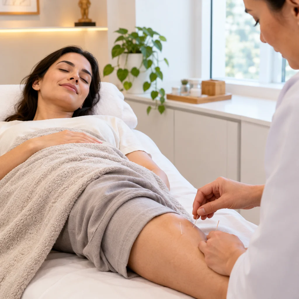 Paciente relaxada recebendo atendimento de acupuntura em ambiente de clínica iluminado e organizado, com foco na tranquilidade do momento terapêutico.