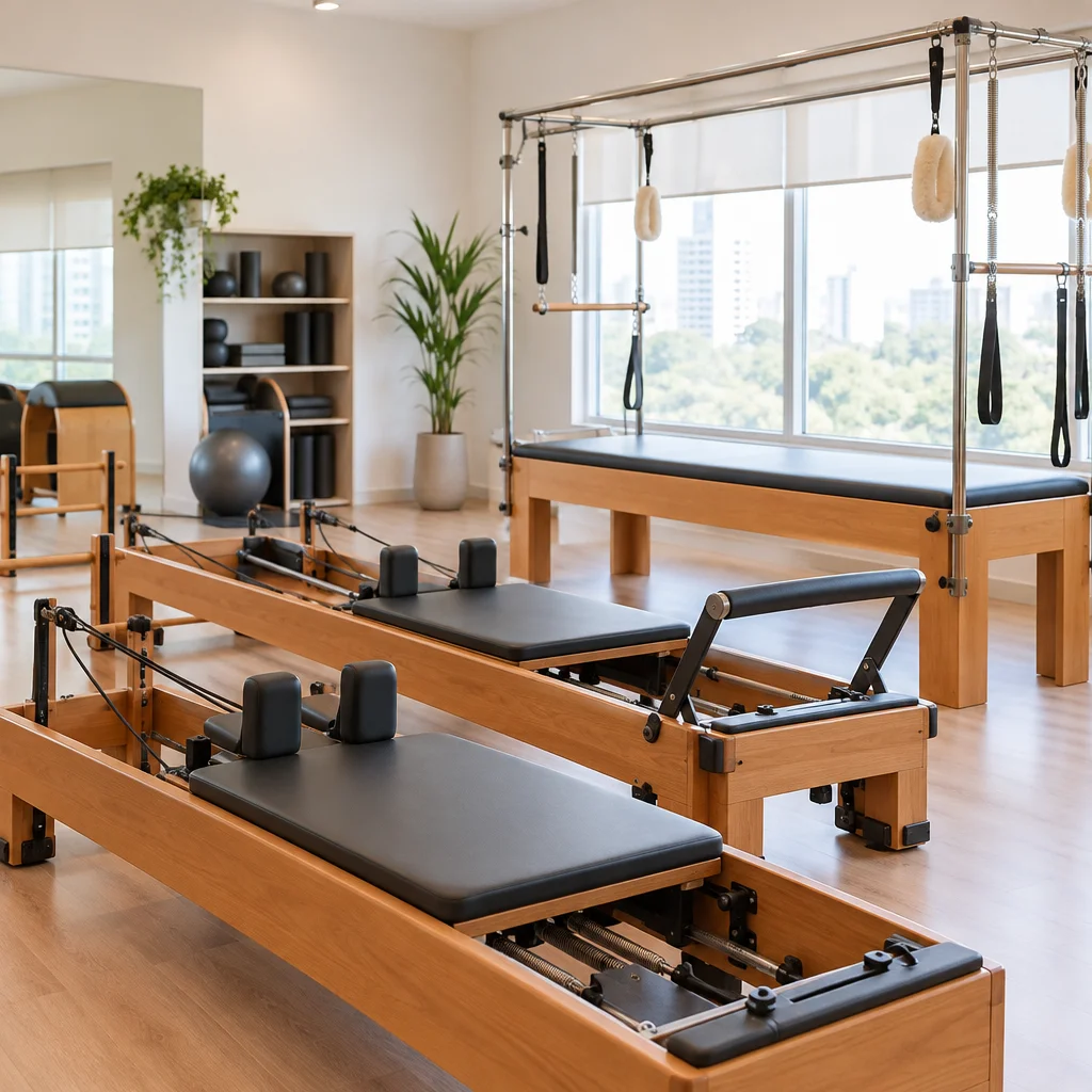 Aparelhos de studio de pilates clássico incluindo Reformer e Cadillac alinhados em sala limpa e arejada