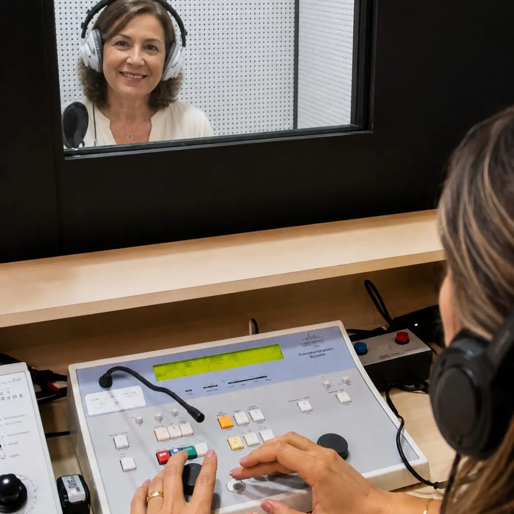 Profissional opera o audiômetro enquanto paciente usa fones dentro da cabine acústica