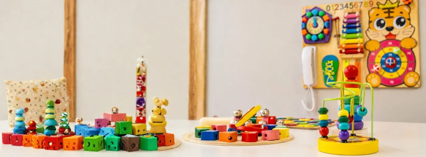 Brinquedos pedagógicos coloridos na sala Ampiezza Petit