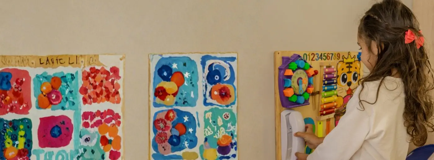 Criança brinca no painel sensorial ao lado de desenhos na parede