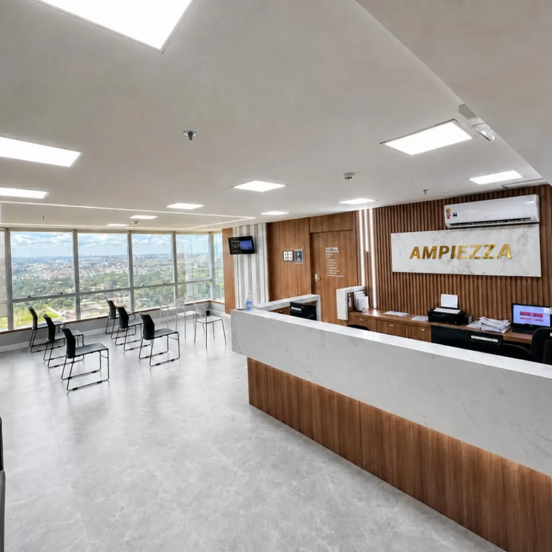 Recepção ampla e iluminada da Ampiezza com sala de espera