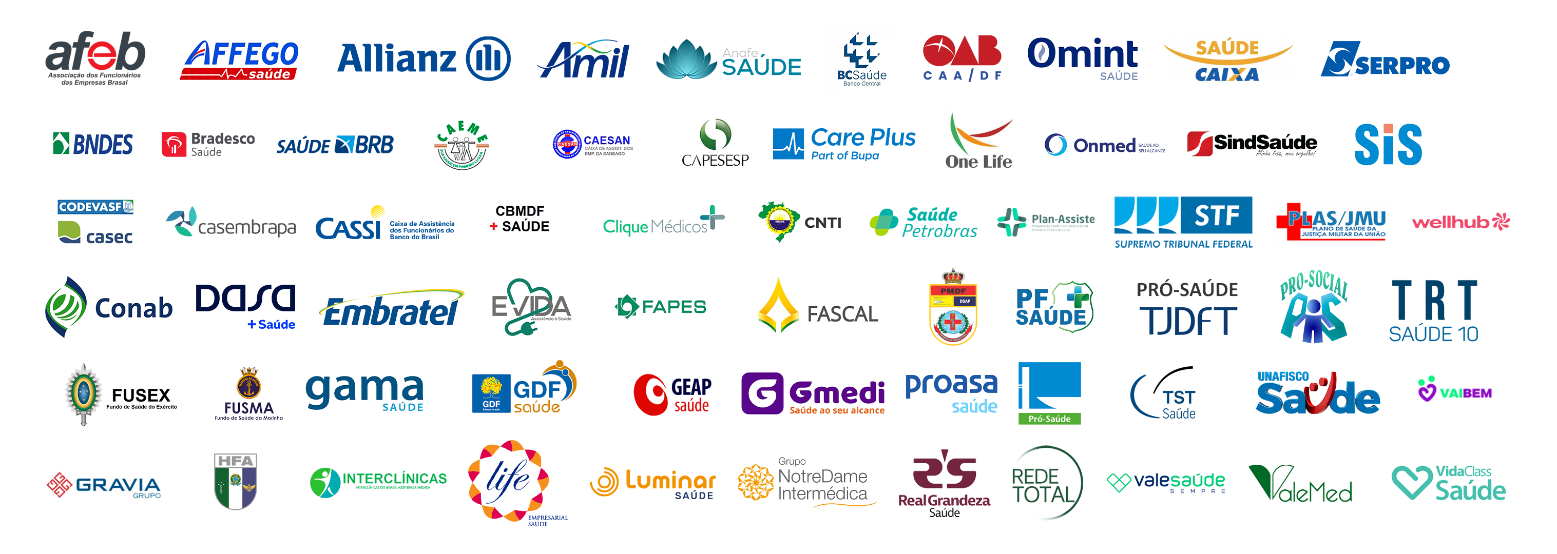 Logotipos dos convênios atendidos pela Ampiezza. Consulte a lista em texto abaixo.